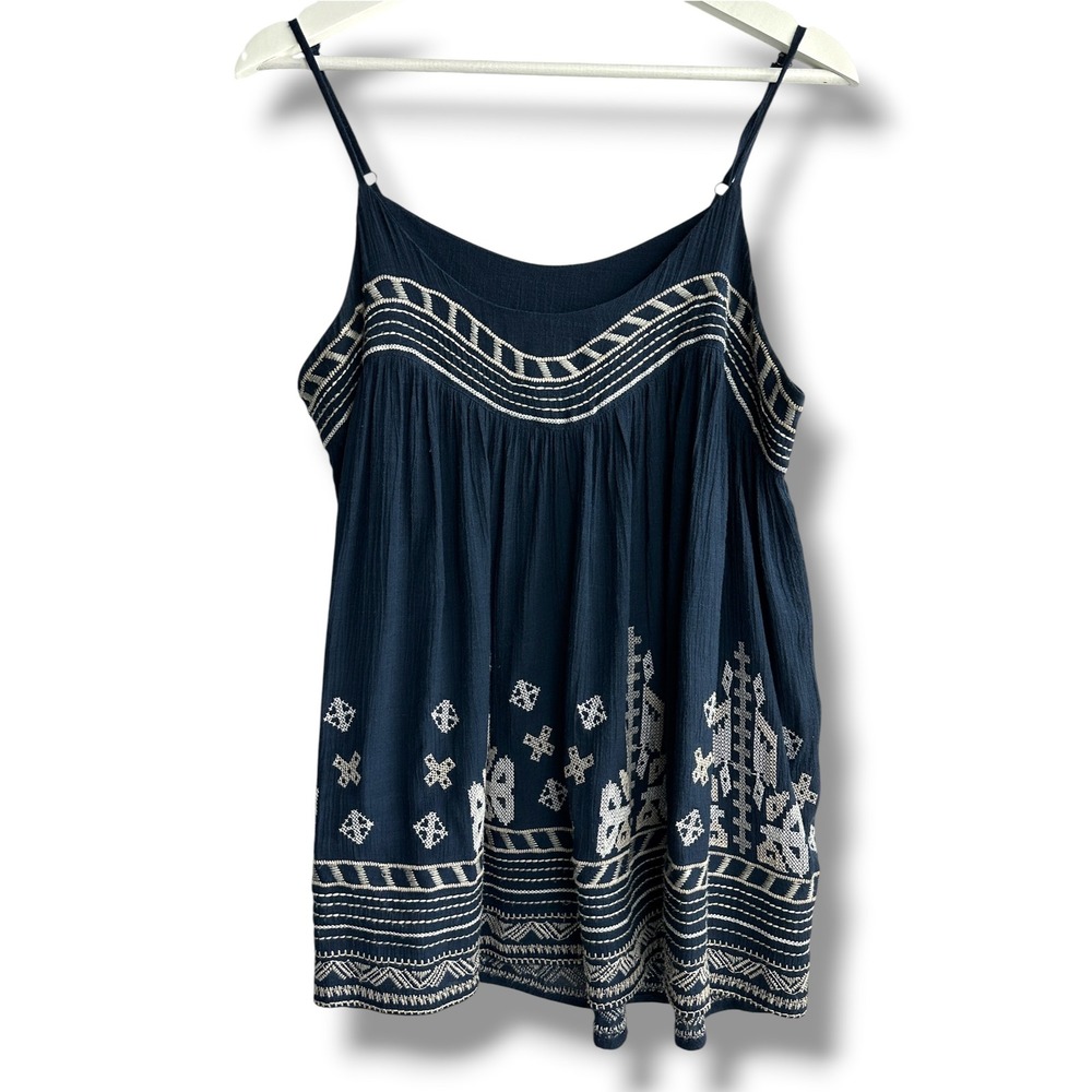 Mür Mür Cami Top Women Small Navy Blue Embroidered Boho Gauze Babydoll Tank